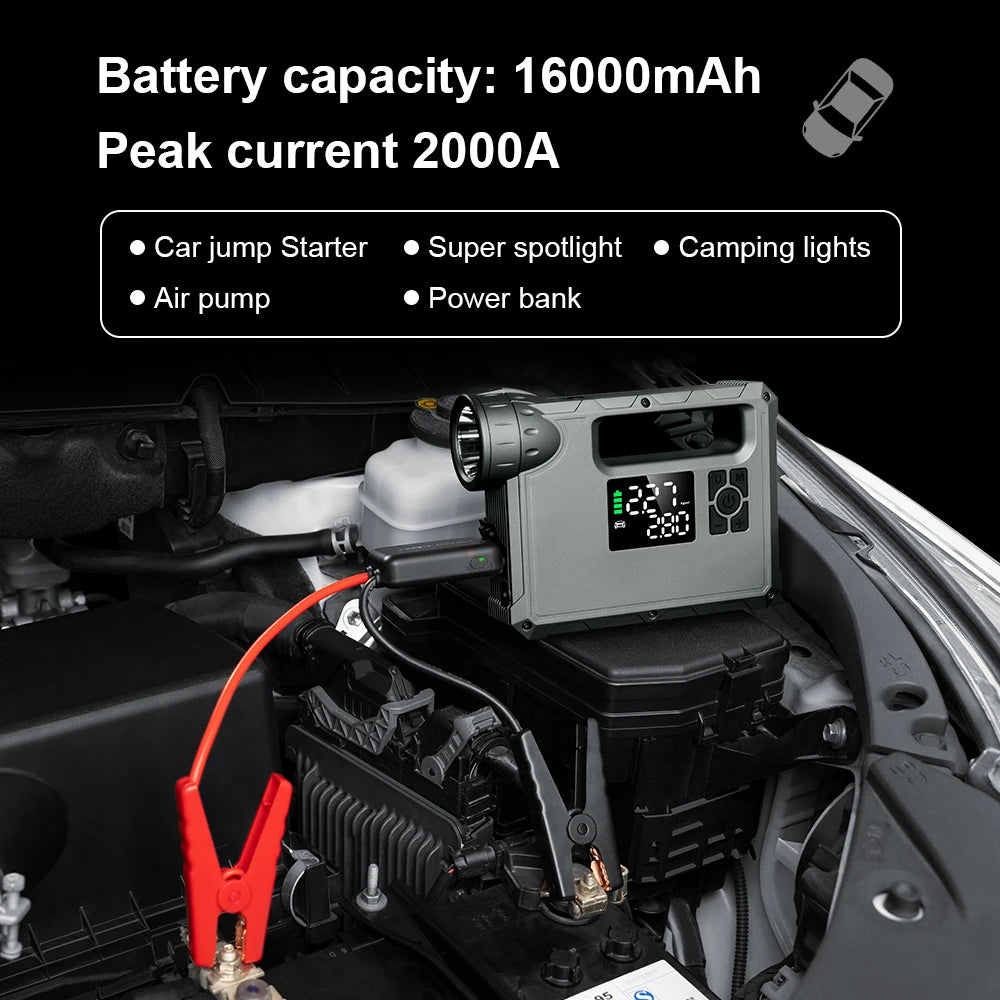 Air Compressor with Built-In Jump Starter, Flashlight, Power Bank