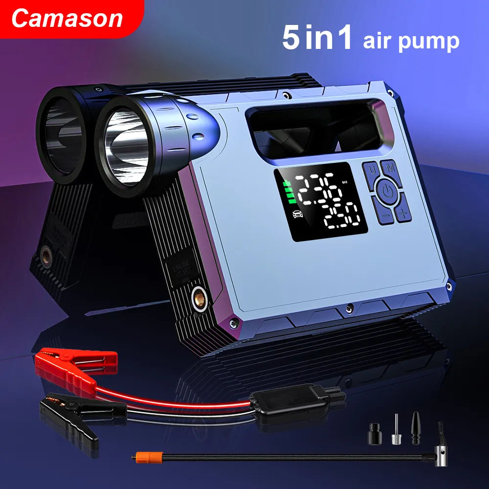 Air Compressor with Built-In Jump Starter, Flashlight, Power Bank